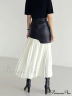 Asymmetric Patchwork Faux Leather Modern Chiffon Pleated Midi Skirt image 3