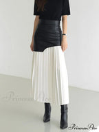 Asymmetric Patchwork Faux Leather Modern Chiffon Pleated Midi Skirt image 1