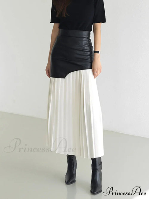 Asymmetric Patchwork Faux Leather Modern Chiffon Pleated Midi Skirt image 1