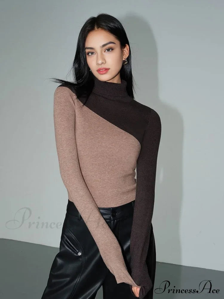 Asymmetric Patchwork Long Sleeve Modern Mock Neck Knit Top image 9