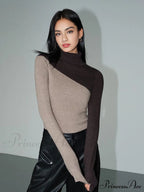 Asymmetric Patchwork Long Sleeve Modern Mock Neck Knit Top image 1