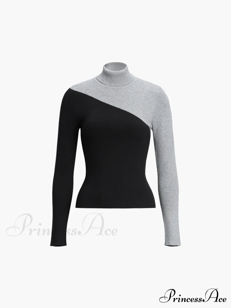 Asymmetric Patchwork Long Sleeve Modern Mock Neck Knit Top image 11