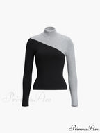 Asymmetric Patchwork Long Sleeve Modern Mock Neck Knit Top image 11