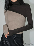 Asymmetric Patchwork Long Sleeve Modern Mock Neck Knit Top image 3