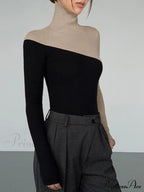 Asymmetric Patchwork Long Sleeve Modern Mock Neck Knit Top image 7