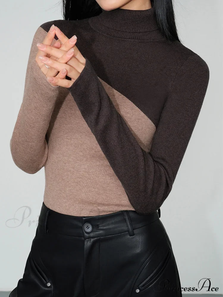 Asymmetric Patchwork Long Sleeve Modern Mock Neck Knit Top image 10