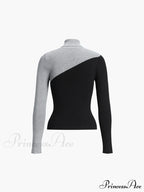 Asymmetric Patchwork Long Sleeve Modern Mock Neck Knit Top image 12