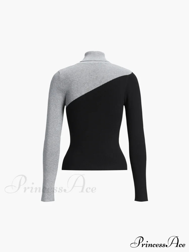 Asymmetric Patchwork Long Sleeve Modern Mock Neck Knit Top image 12