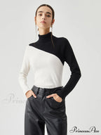 Asymmetric Patchwork Long Sleeve Modern Mock Neck Knit Top image 13
