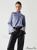 Asymmetric Pleated Graceful Turtleneck Satin Shirt image 1