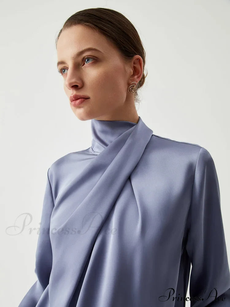 Asymmetric Pleated Graceful Turtleneck Satin Shirt image 5