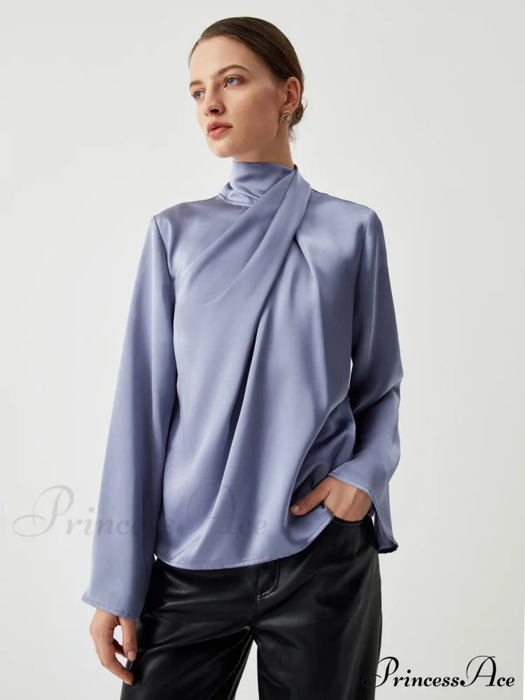 Asymmetric Pleated Graceful Turtleneck Satin Shirt image 6