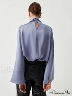 Asymmetric Pleated Graceful Turtleneck Satin Shirt image 4