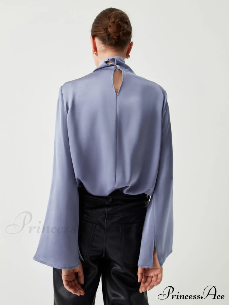 Asymmetric Pleated Graceful Turtleneck Satin Shirt image 4