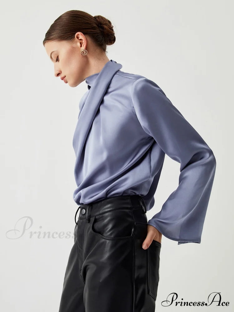 Asymmetric Pleated Graceful Turtleneck Satin Shirt image 2