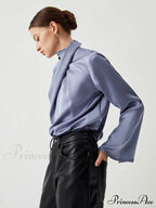 Asymmetric Pleated Graceful Turtleneck Satin Shirt image 2