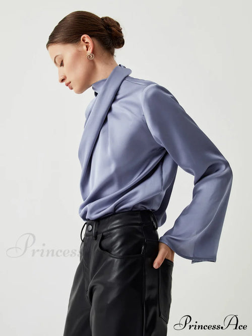 Asymmetric Pleated Graceful Turtleneck Satin Shirt image 2