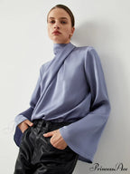 Asymmetric Pleated Graceful Turtleneck Satin Shirt image 3