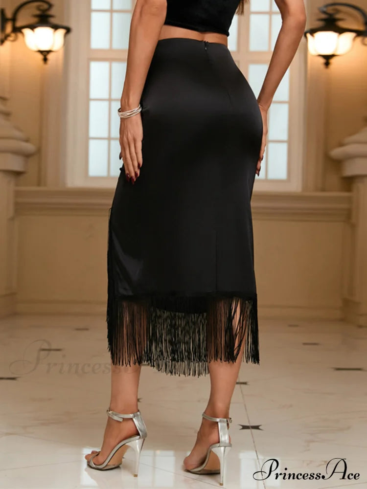 Asymmetric Satin Fringe Trendy Trim Ruched Midi Skirts image 4