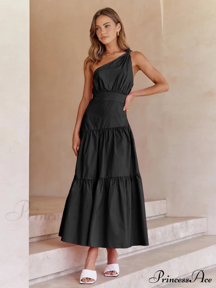 Asymmetric Shoulder Graceful Knotted Midi Dress image 1