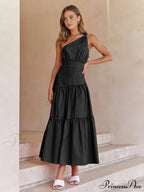 Asymmetric Shoulder Graceful Knotted Midi Dress image 1