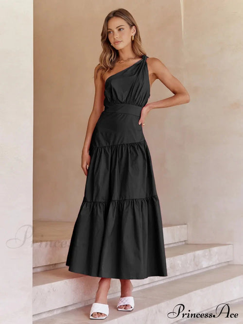 Asymmetric Shoulder Graceful Knotted Midi Dress image 1