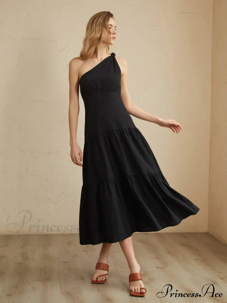 Asymmetric Shoulder Graceful Knotted Midi Dress image 3