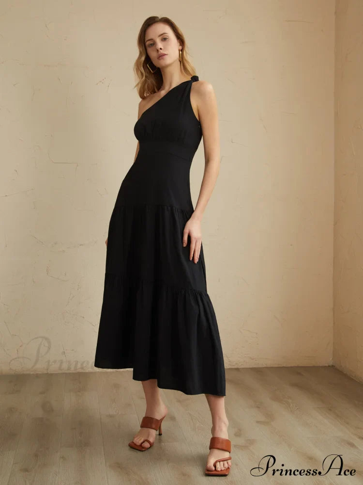 Asymmetric Shoulder Graceful Knotted Midi Dress image 2