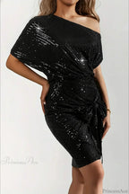 Asymmetric Shoulder Sequined Fitted Irregular Mini Dress image 3
