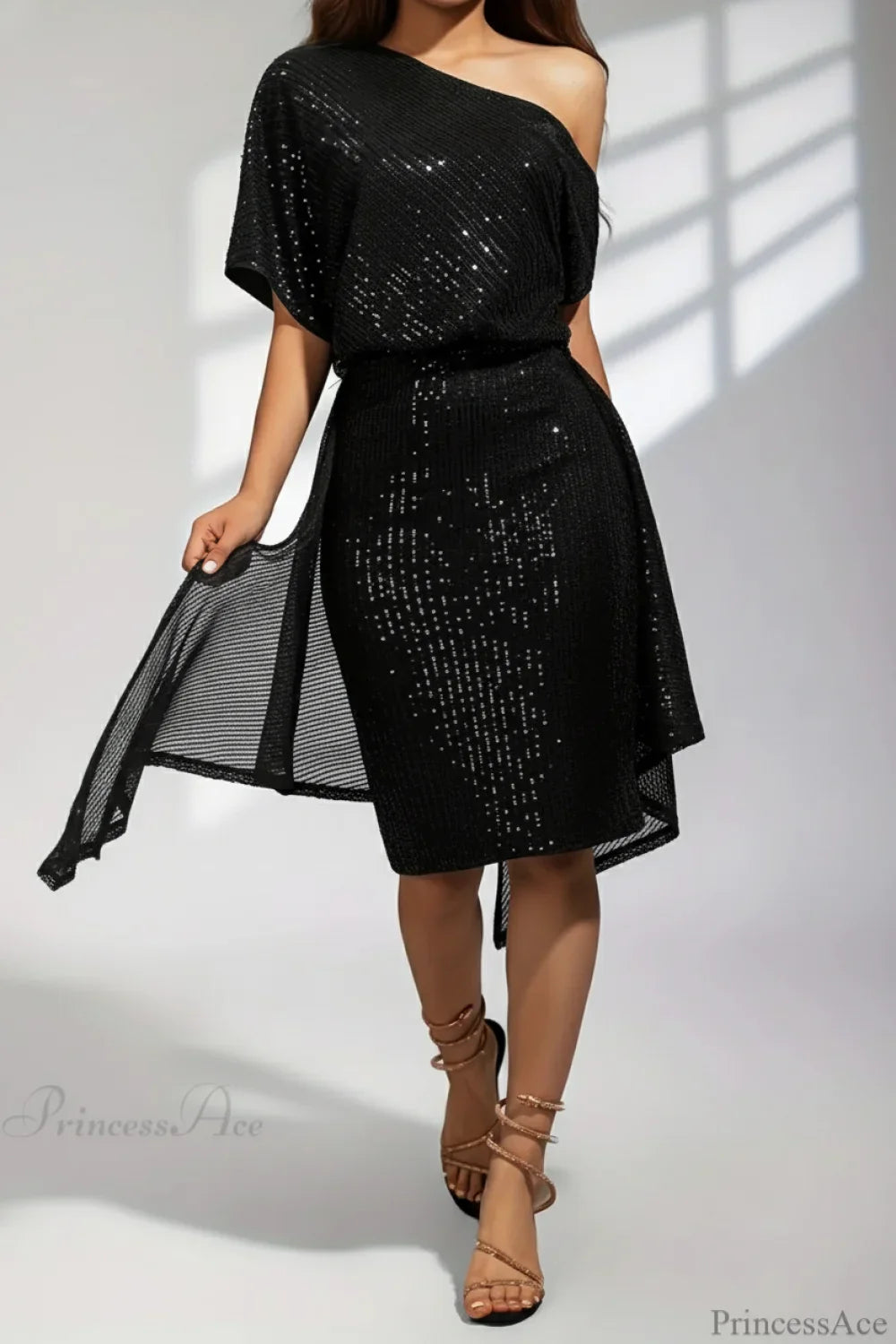 Asymmetric Shoulder Sequined Fitted Irregular Mini Dress image 4