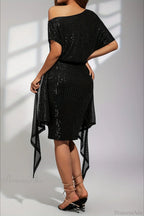 Asymmetric Shoulder Sequined Fitted Irregular Mini Dress image 5