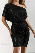 Asymmetric Shoulder Sequined Fitted Irregular Mini Dress image 1
