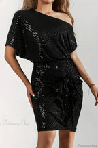 Asymmetric Shoulder Sequined Fitted Irregular Mini Dress image 1