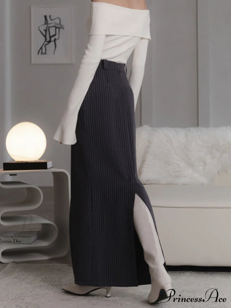 Asymmetric Slit Graceful Striped Long Skirt image 2