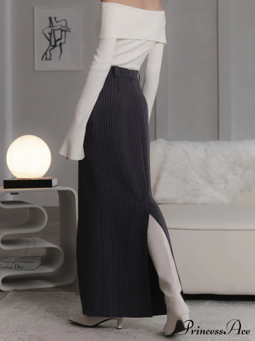 Asymmetric Slit Graceful Striped Long Skirt image 2