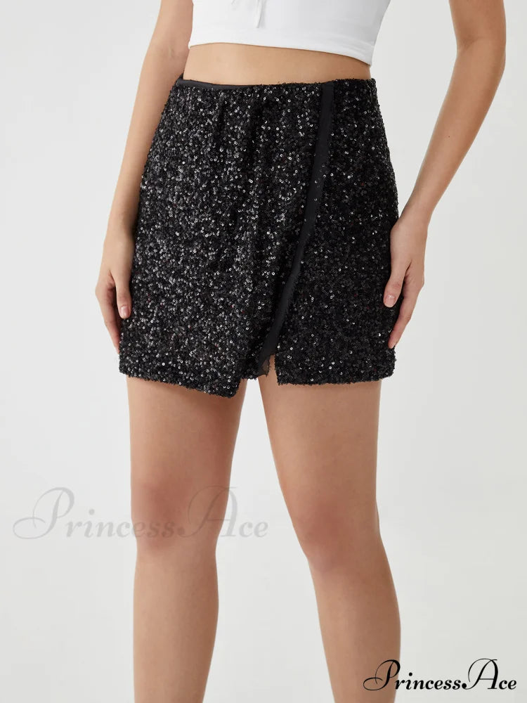 Asymmetric Split Graceful Sequin Mini Skirt image 3