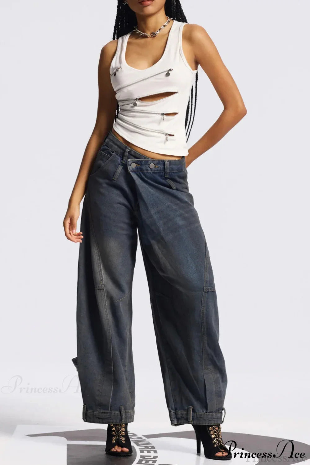 Asymmetric Waist Washed Low Waist Flare Wide Leg Jeans image 5