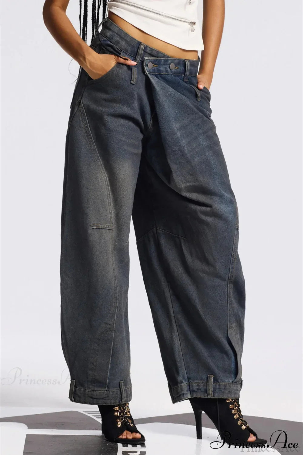 Asymmetric Waist Washed Low Waist Flare Wide Leg Jeans image 2