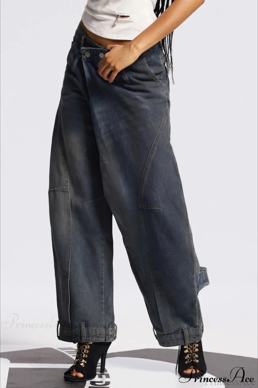 Asymmetric Waist Washed Low Waist Flare Wide Leg Jeans image 3