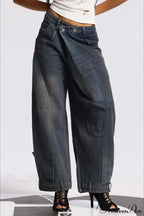 Asymmetric Waist Washed Low Waist Flare Wide Leg Jeans image 1