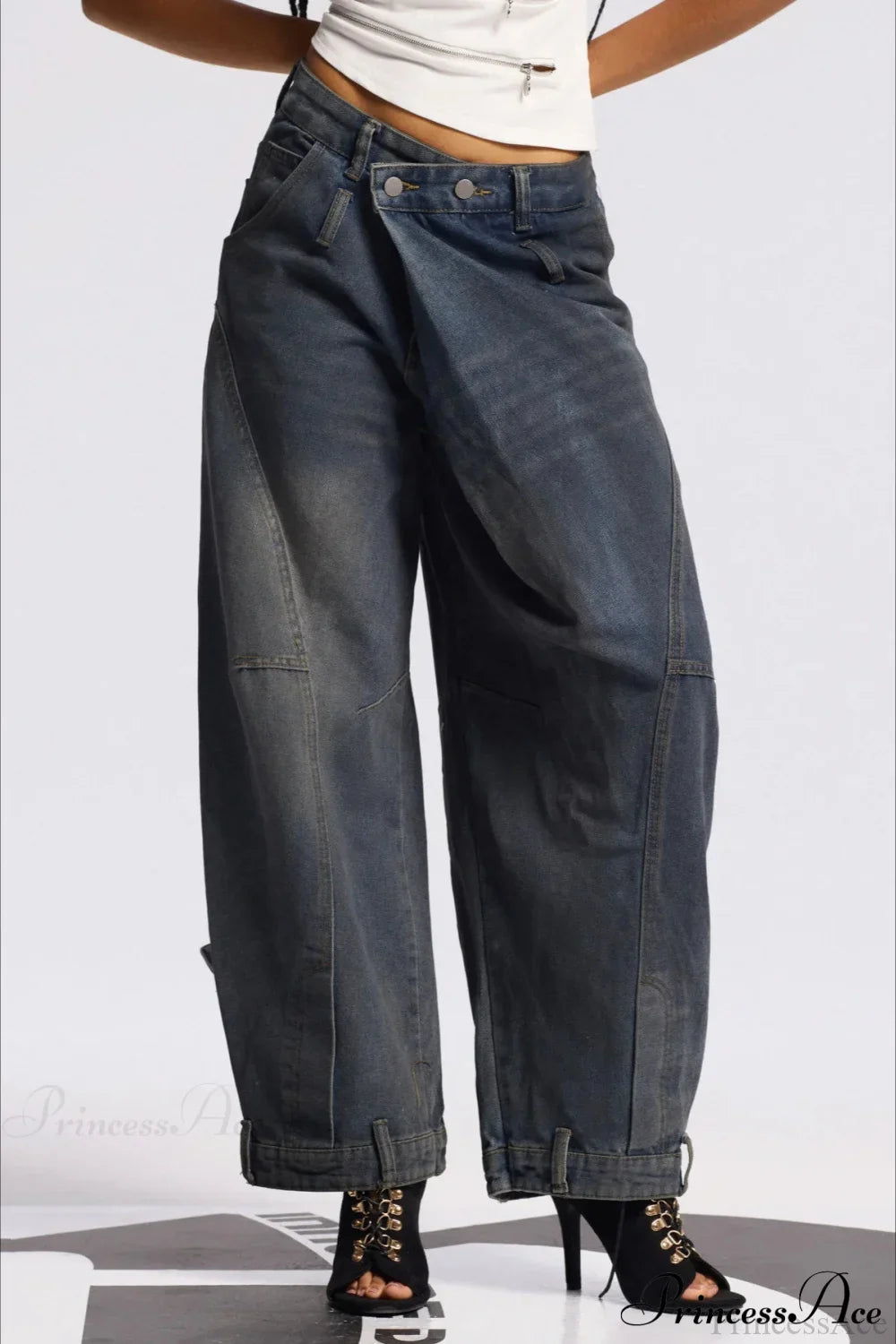 Asymmetric Waist Washed Low Waist Flare Wide Leg Jeans image 1