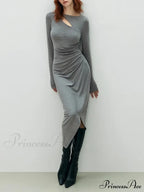 Asymmetrical Draped Cutout Crew Neck Classic Long Sleeve Midi Knit Dress image 3