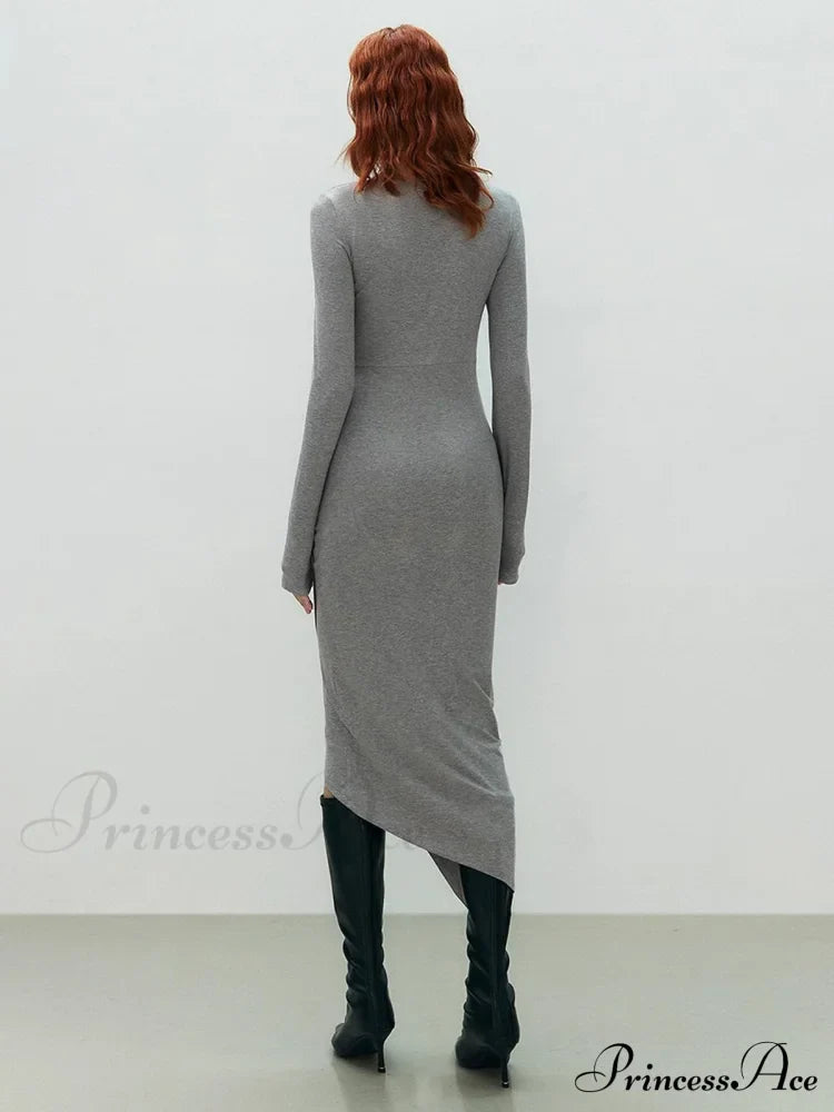 Asymmetrical Draped Cutout Crew Neck Classic Long Sleeve Midi Knit Dress image 4