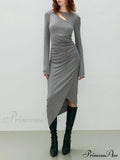 Asymmetrical Draped Cutout Crew Neck Classic Long Sleeve Midi Knit Dress image 1