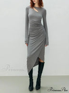 Asymmetrical Draped Cutout Crew Neck Classic Long Sleeve Midi Knit Dress image 1