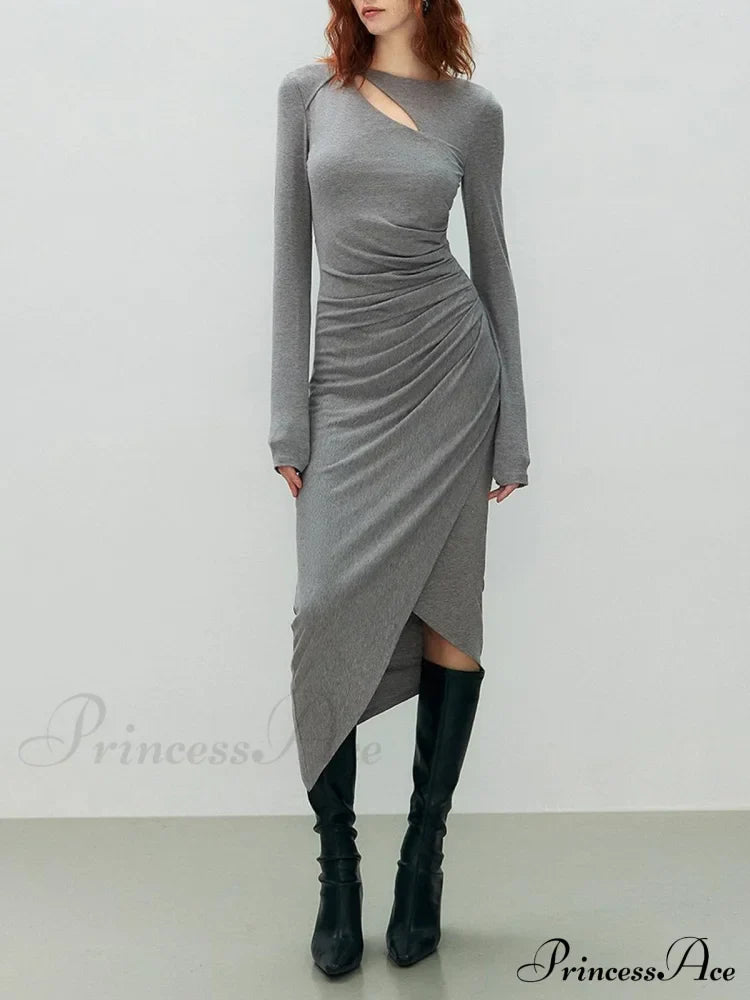 Asymmetrical Draped Cutout Crew Neck Classic Long Sleeve Midi Knit Dress image 1