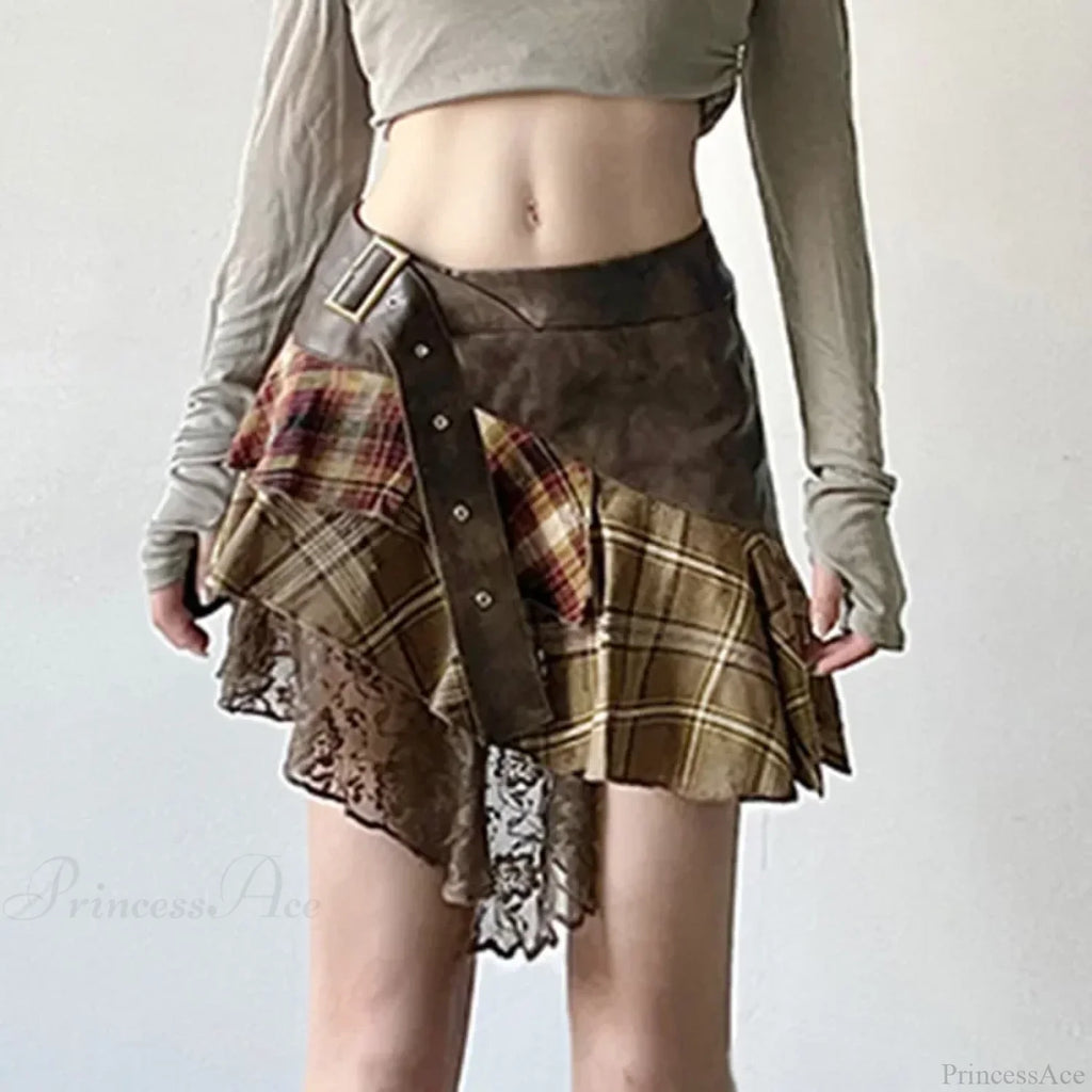 Asymmetrical Lace Stripes Plaid Skirt image 2