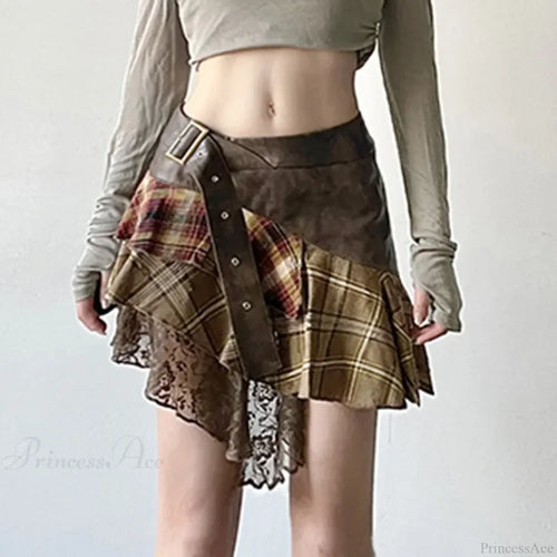 Asymmetrical Lace Stripes Plaid Skirt image 2