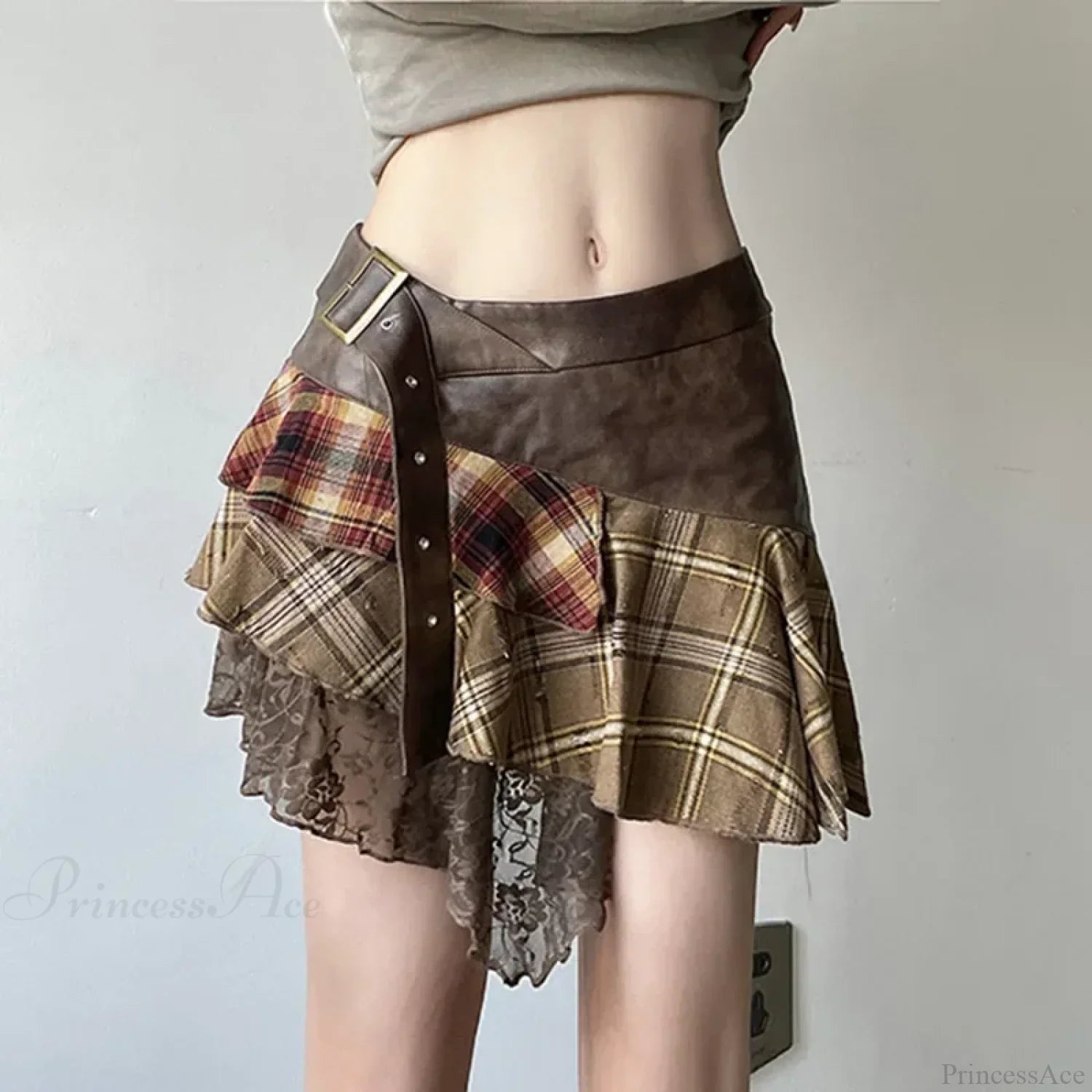 Asymmetrical Lace Stripes Plaid Skirt image 1