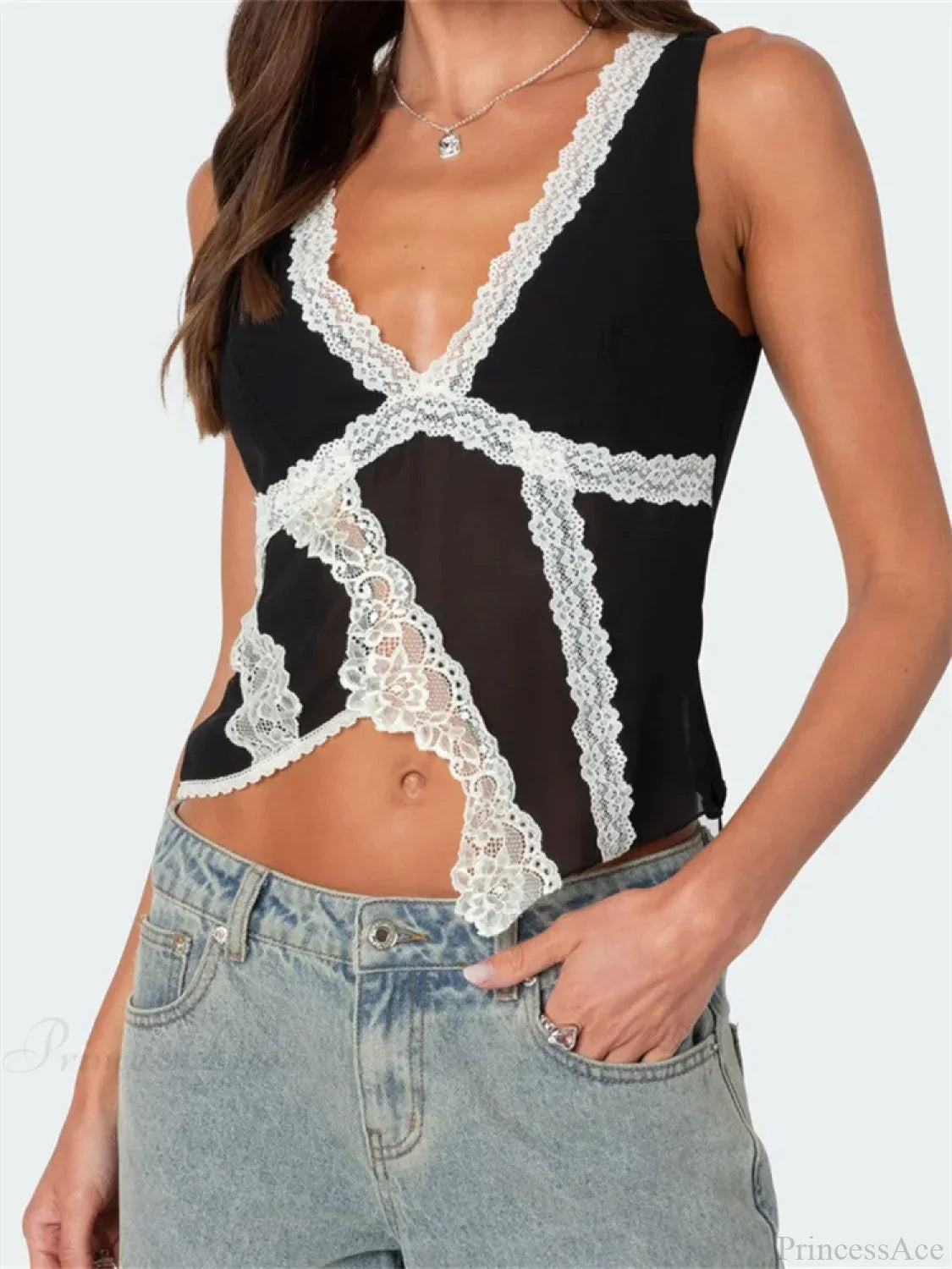 Asymmetrical Lace Trim Deep V-neck Slim Crop Top image 1